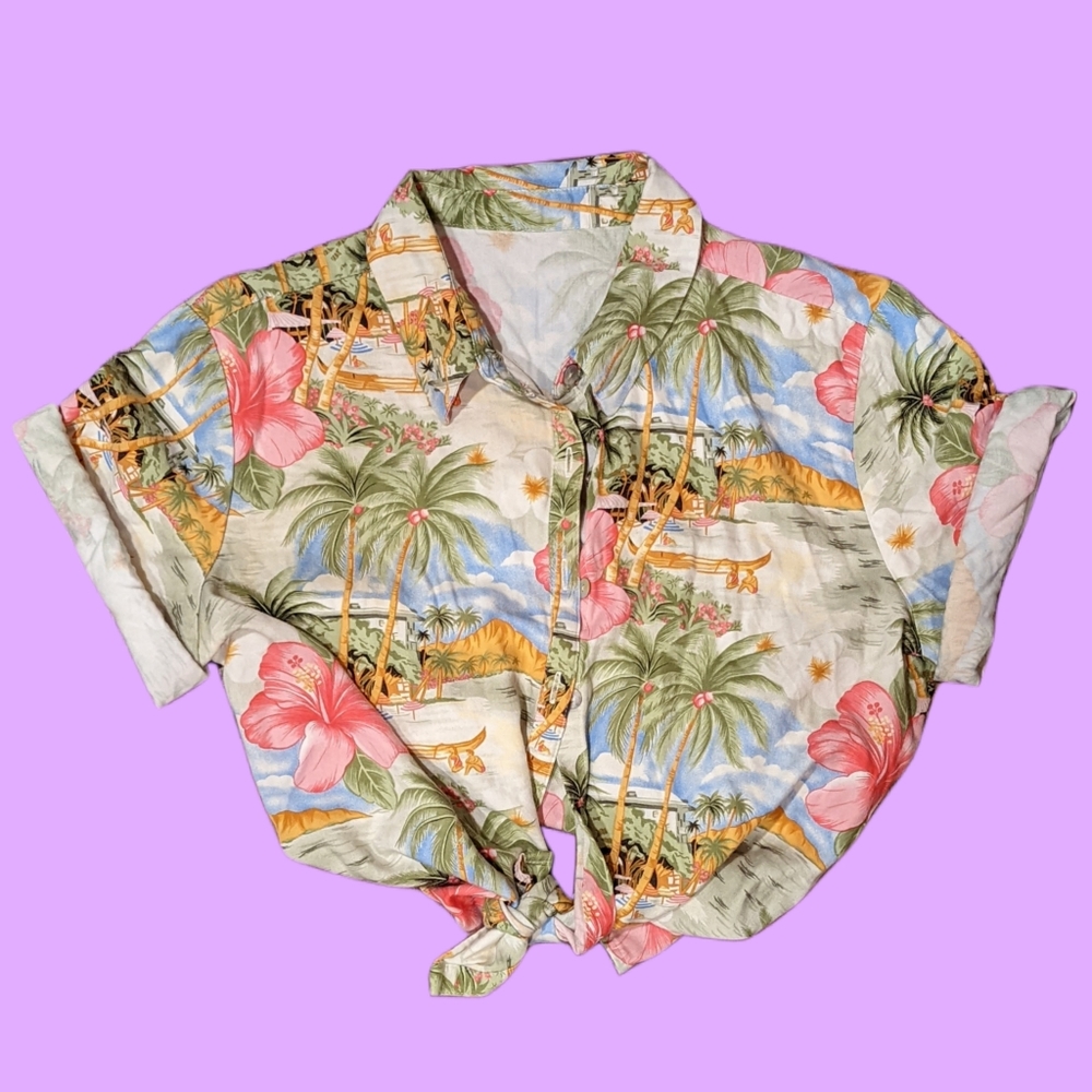 Jamaica Bay women XL button down floral Hawaiian shirt hibiscus rayon